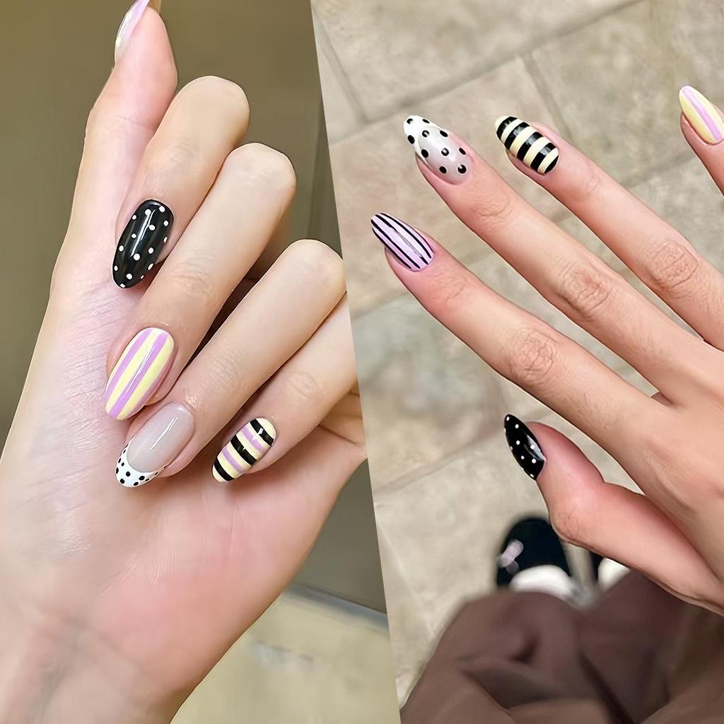 Cat Eye Polka Dot Detachable Nails with Bow Patches - Cute Handmade Nail Art for New Year