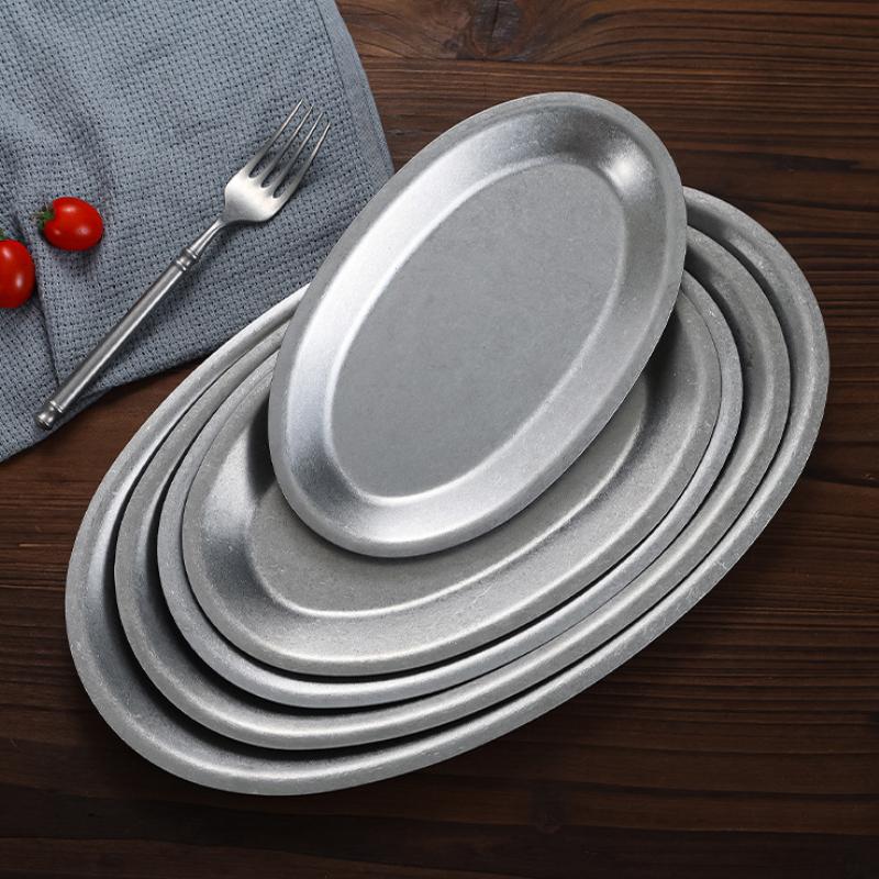Retro Stainless Steel Oval Plate BBQ Hot Pot Dish Snack Dessert Steamed Fish Plate Restaurant Thickened Kitchen Tableware Plate