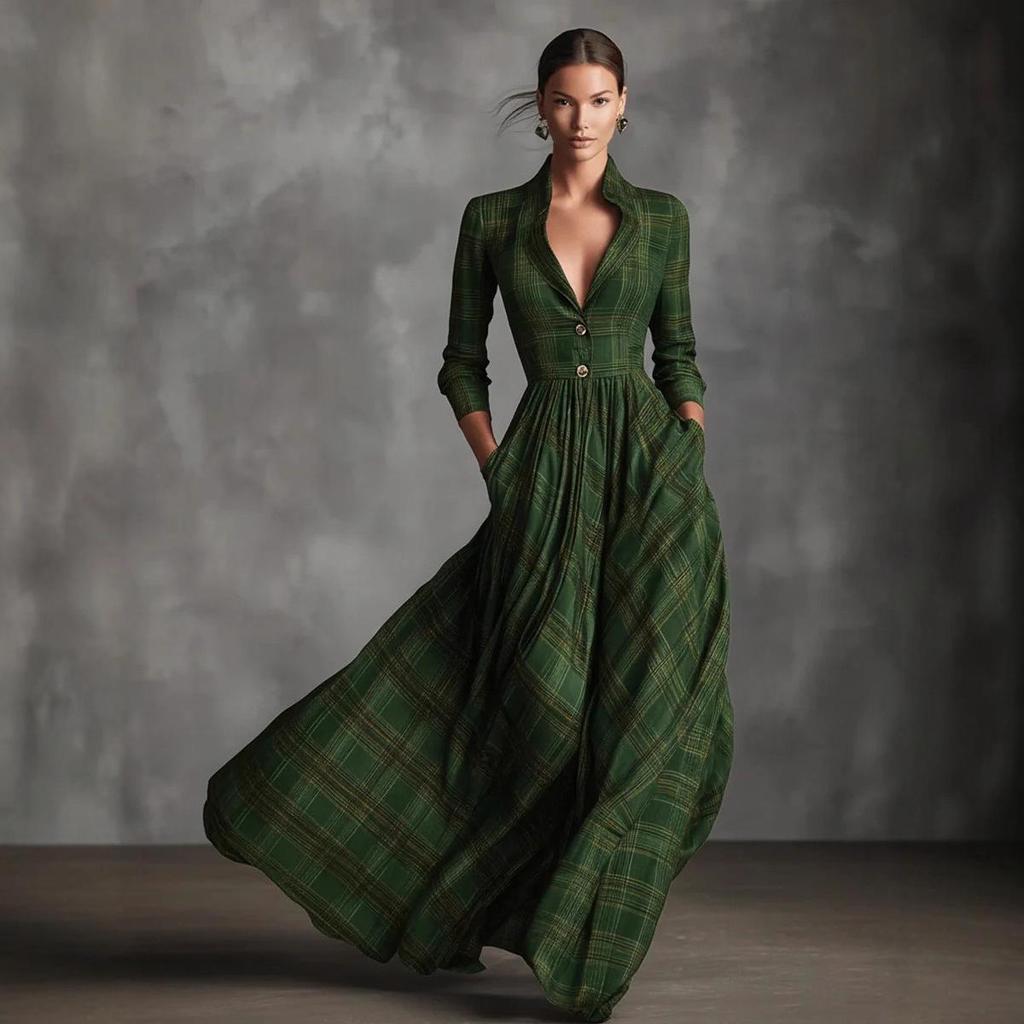 2025 European & American Women's Retro Plaid V-Neck Long Dress - Autumn/Winter Elegant French Style