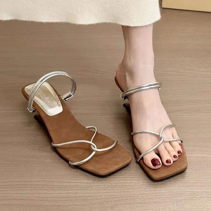 Fashion Fashion Gold Narrow Band Slides Women 2025 Summer Cross Strap Square Toe Slip On Sandals Silver Novelty Strange Heel Slippers