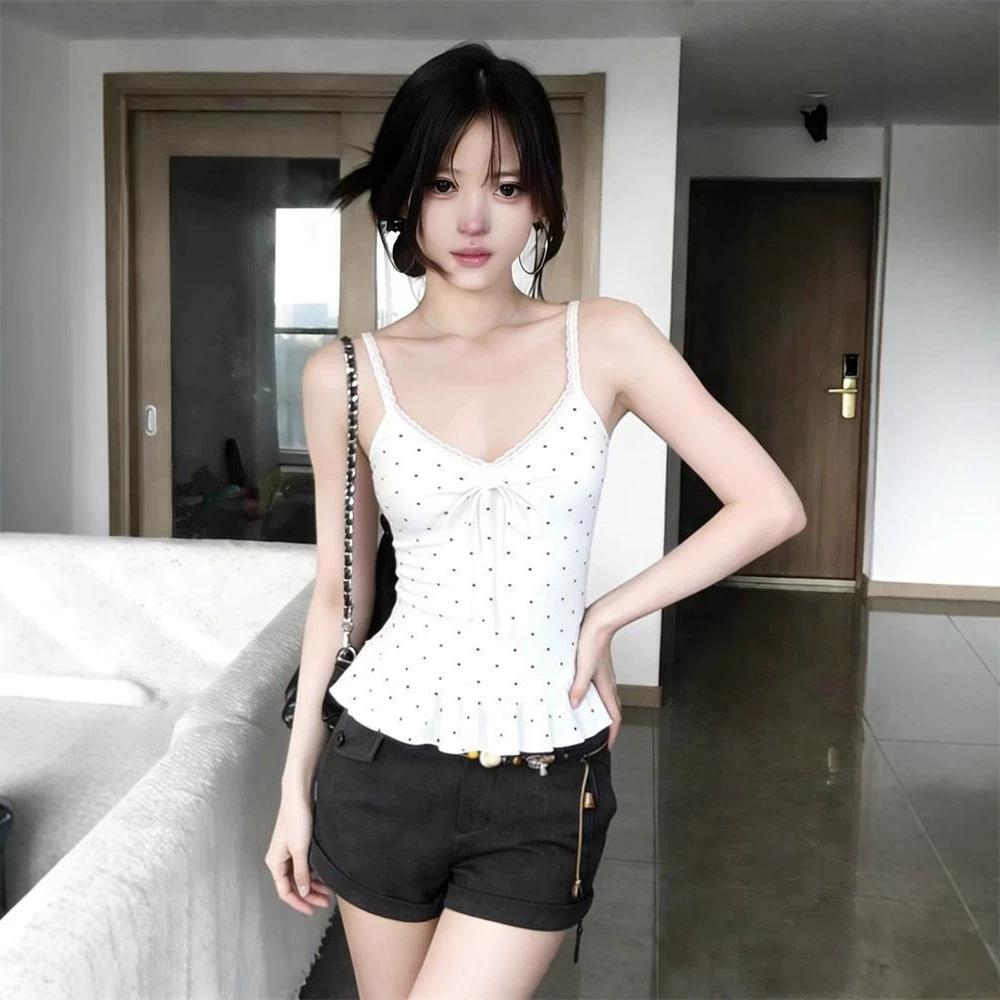 Korean White Sweet Polka Dot Ruffle Hem Sling Vest Women's Spring New Inner Sleeveless Stacked Top