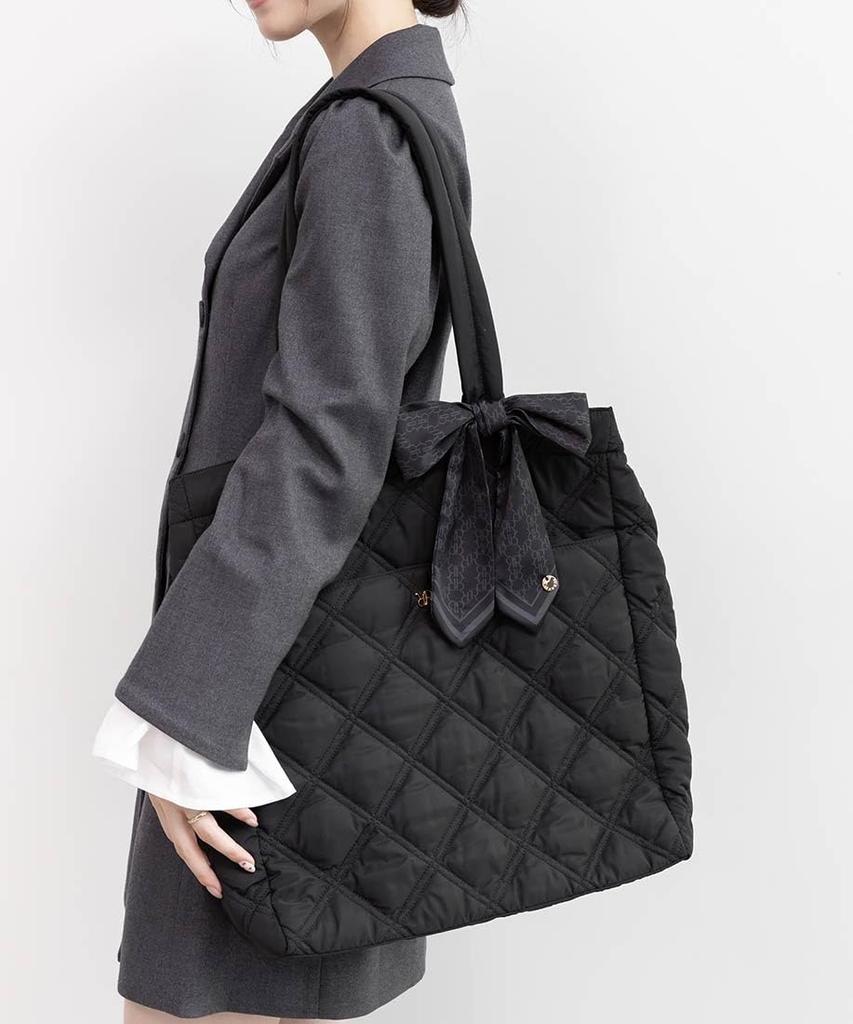 [A4 Compatible] 2-way Ribbon Quilted Tote Bag FB36191 BLACK