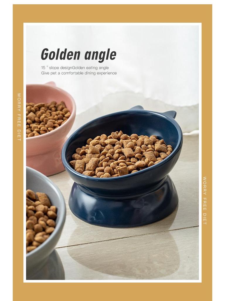 Double-Eared Slanted Ceramic Cat Bowl - Matte Glaze, Anti-Black Chin, Cervical Spine Support, Cute Design