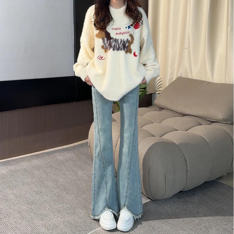 

Women s Light Color High-Waisted Slit Micro-Flared Jeans - Spring 2025 Raw Edge Slimming Bodycon Horseshoe Style XS