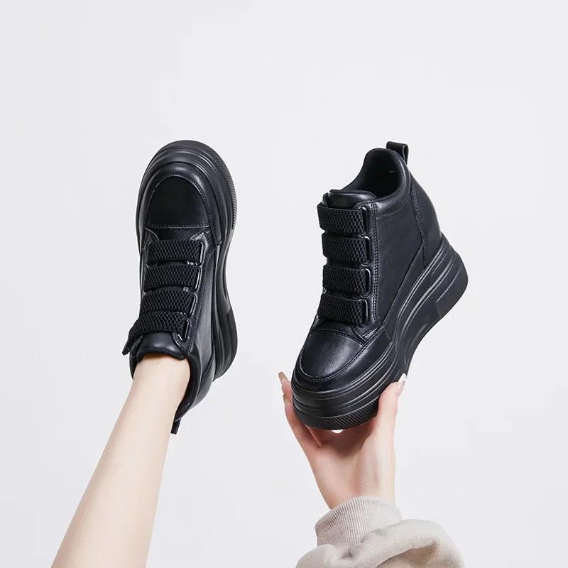 10cm Ankle Boots Genuine Leather Women Wedge Shoes Platform Sneakers High Heel Spting Autumn Plush Casual HighShoes