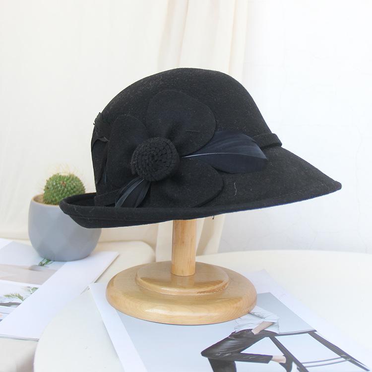 Retro Top Hat Autumn And Winter Woolen Hat Women'S Fashion Flower Styling Hat Back Curling Felt Hat