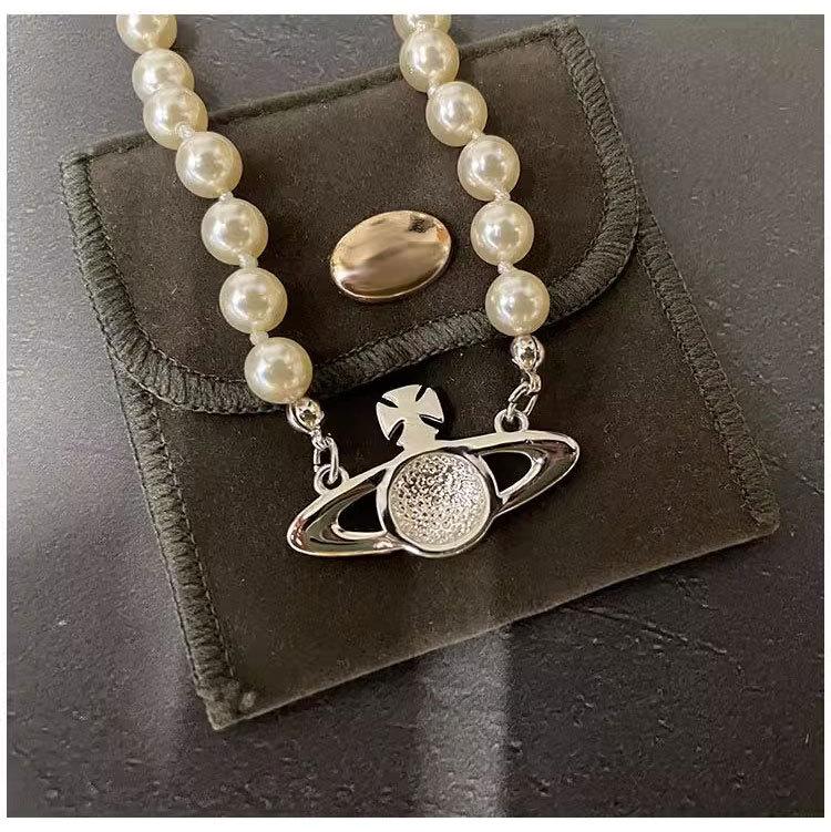 Damen Rosa Diamant Saturn Perlenkette - Stern-Stil Voll Diamant Schlüsselbeinkette, Ideales Vielseitiges Weihnachtsgeschenk