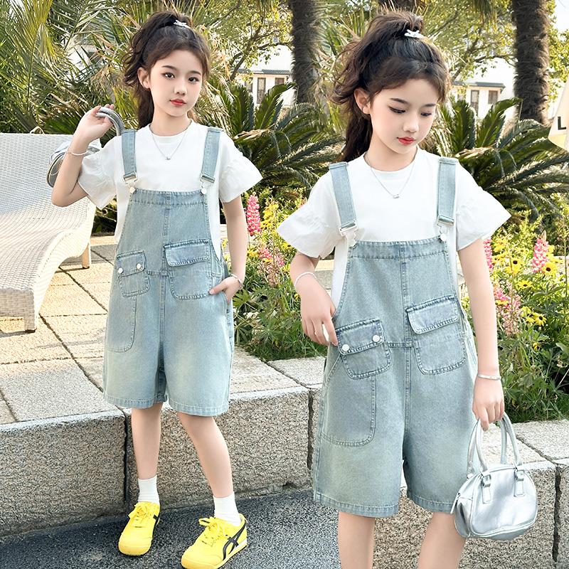 Girls' denim overalls set for summer 2026, new stylish mid size children's Korean version fashionable shorts two-piece set