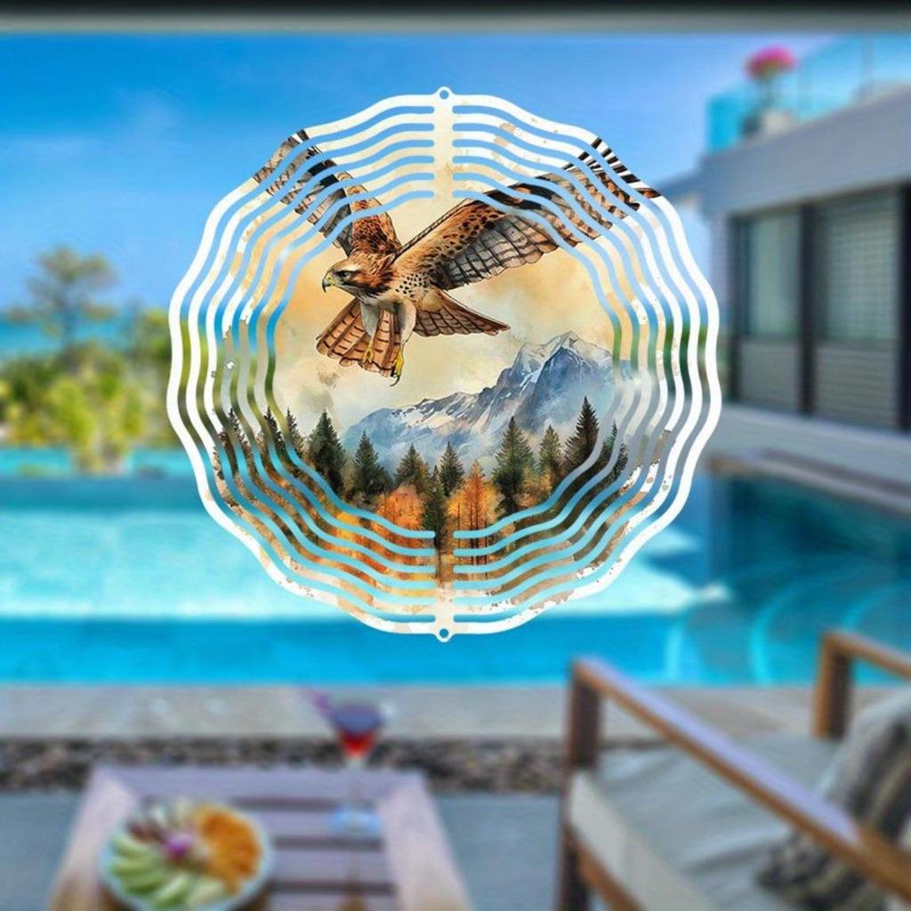 Eagle Wind Chime Outdoor Decor Kinetic Art Hanging Ornament for Porch Balcony Garden Durable Metal Eagle in Flight with Sunrise Forest Scene