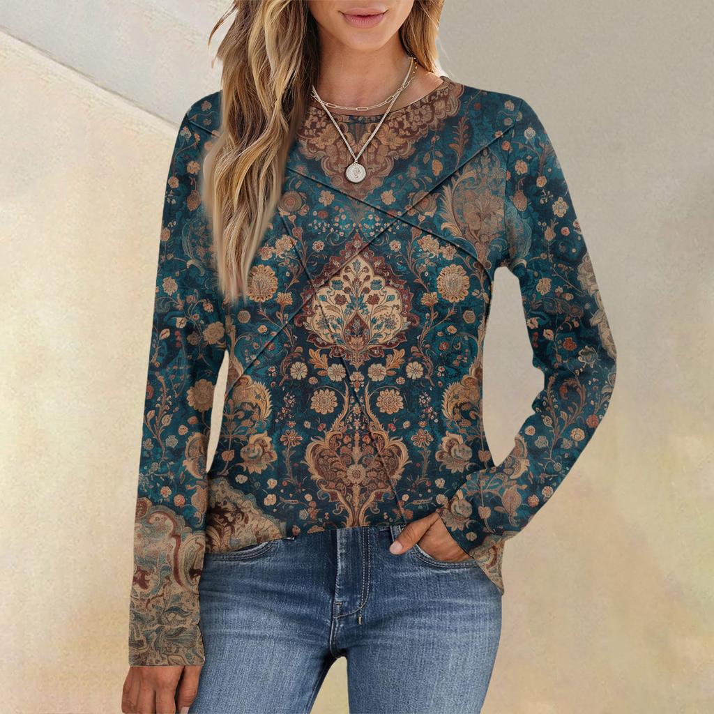 Fashion Women's Long Sleeve Round Neck CasualPleated Floral Print Loose Top