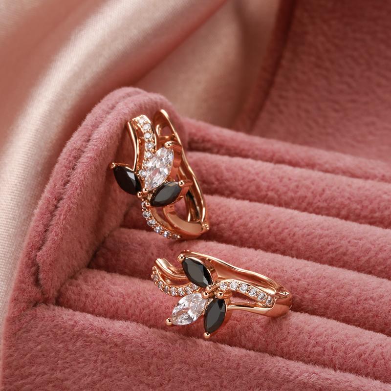 New  Rose Gold Flower Earrings For Women Bling Black Natural Zircon Clip Earrings Fine Elegant Wedding Jewelry