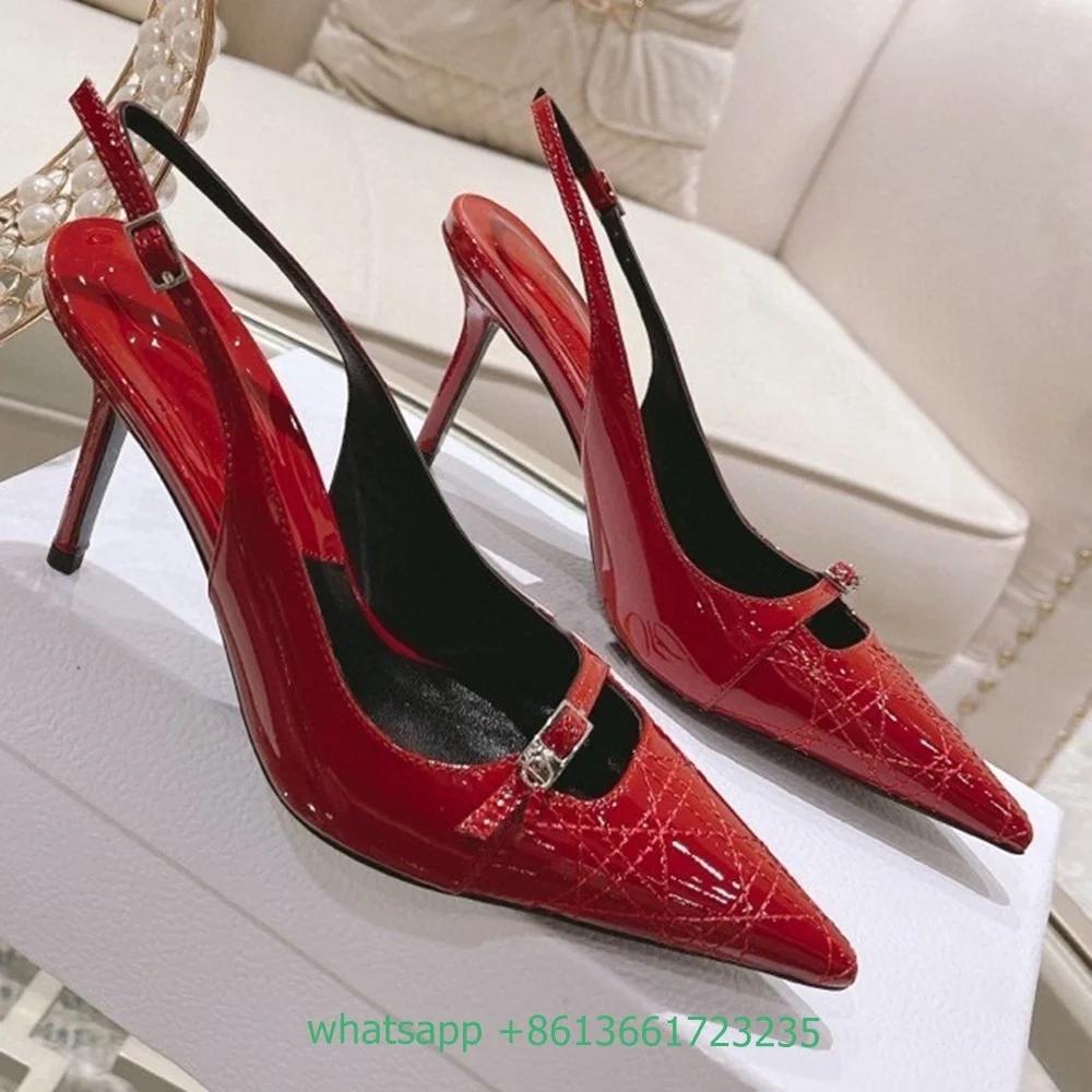 

Fashion Women Summer Fashion Pointed Toe Pumps Buckle Shallow Stiletto High Heels Back Strap Slip on Sandals Sexy Shiny Leather Shoes 43