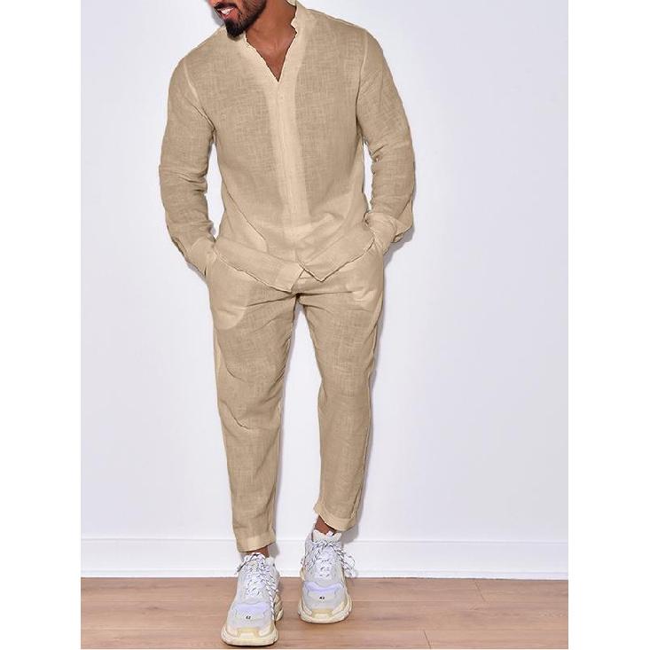 Sommer Neue Herren Baumwolle und Leinen Lässig Locker Kurzarm Shorts Einfarbig Sportanzug für Herren