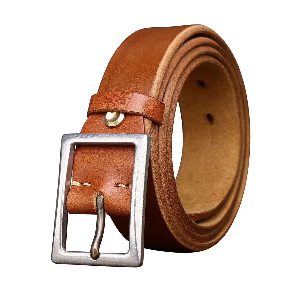 Belt Men's Stainless Steel Buckle Tea Core Leather Thickened First Layer Leather Simple All-Match Casual Jeans Belt Men's