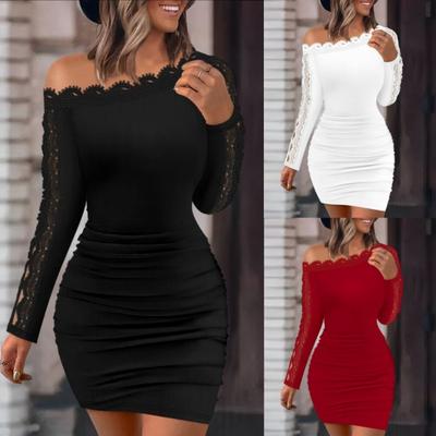 Autumn and Winter New Solid Color Lace Splicing One-word Collar Tight Hip Wrap Sexy Long-sleeved Dress Women