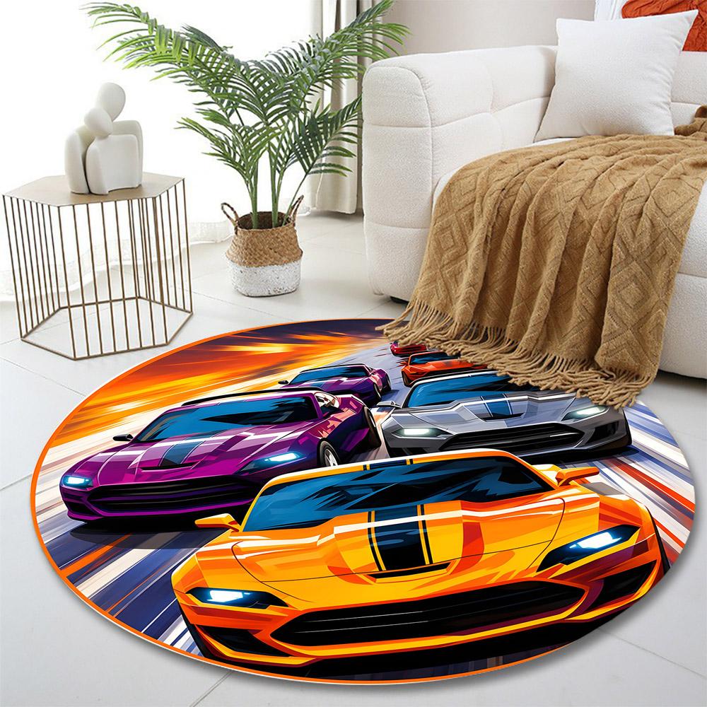 "Speeding Sports Cars On Fiery Track" Print Round Rug, Living Room, Bedroom, Playroom Carpet, Non Slip Floor Mat, Gift
