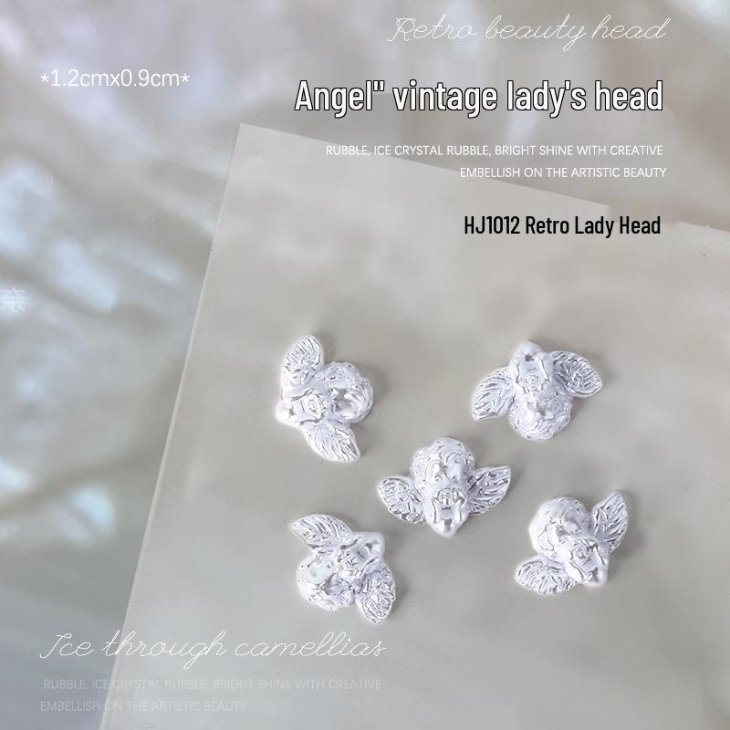 Baroque Angel Relief 3D Nail Art Decorations - Vintage White Metal, 5 Pieces