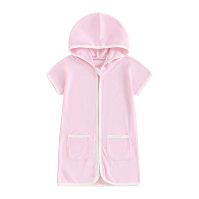 Kleine Mädchen Sommer Casual Jumpsuit Kurzarm Reißverschluss Kontrastfarbe Kapuze Playsuit