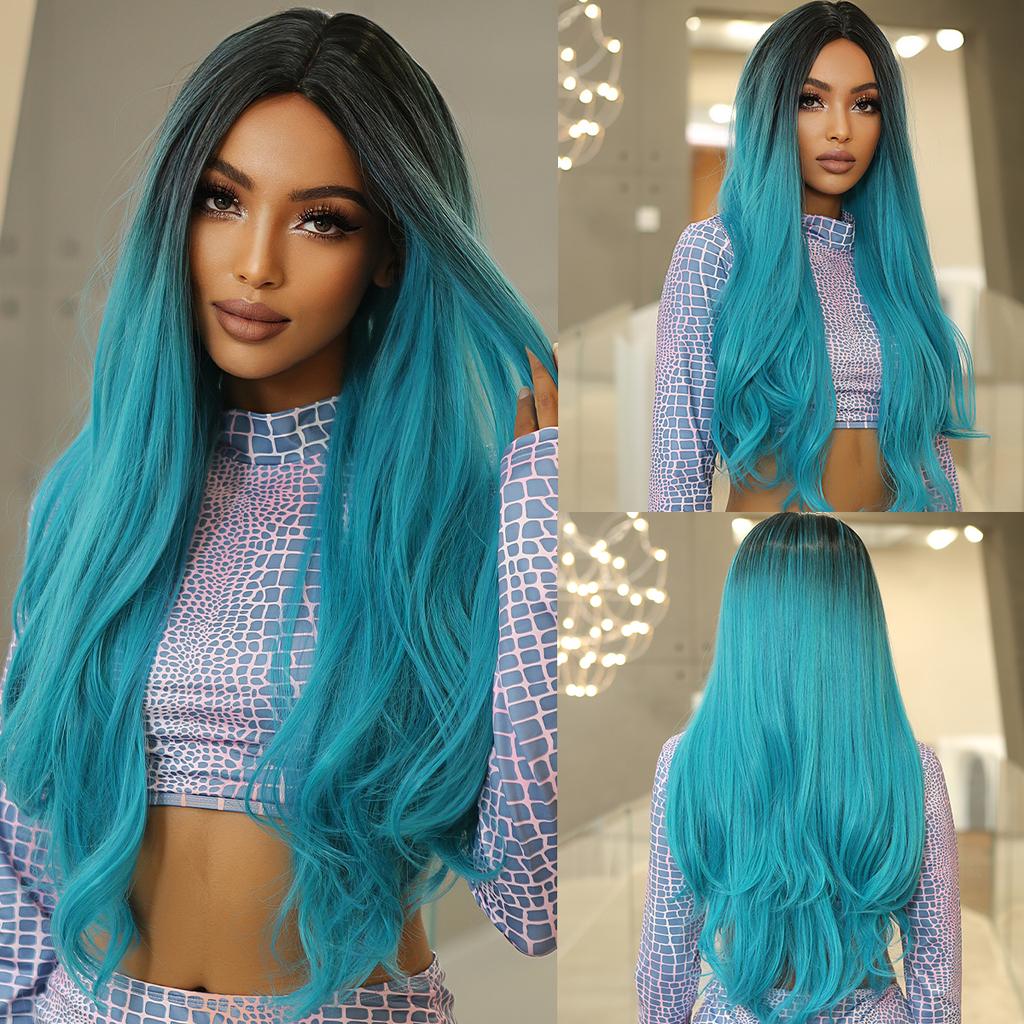 Blue Ombre Long Wavy Synthetic Wigs for Women Cosplay Wig Body