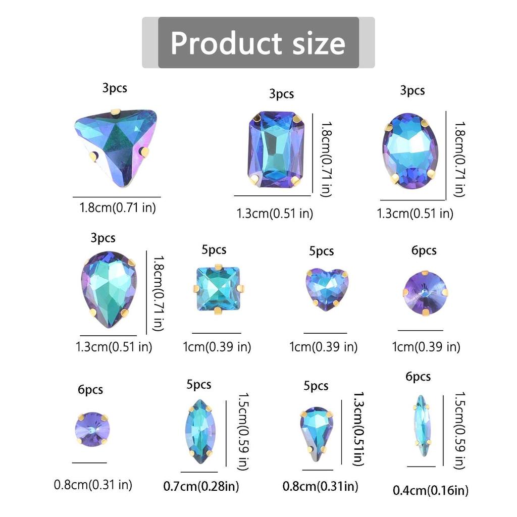 Sew On Rhinestones, Choupee 50PCS Sew On Glass Rhinestone Metal Back Prong Setting Sewing Claw Rhinestone Mixed Shapes