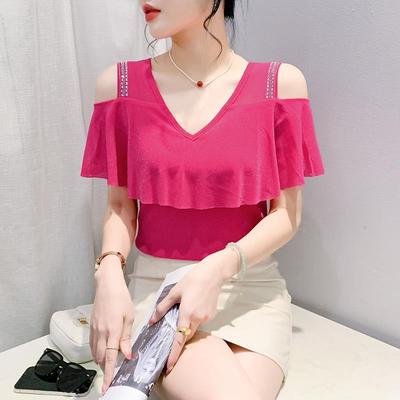 2024 Summer Off-Shoulder T-Shirt with Hot Diamond Accents and Lotus Leaf Mesh Sleeves