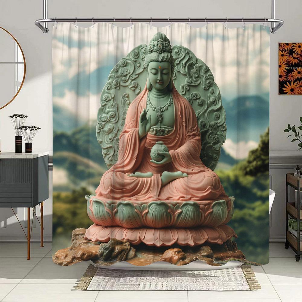 

1Pc Serene Green Buddhist Statue Of Guanyin Shower Curtain With Lush Mountain Landscape - Polyester Fabric, 70X70 Inches W60H190(CM)-1 Pcs