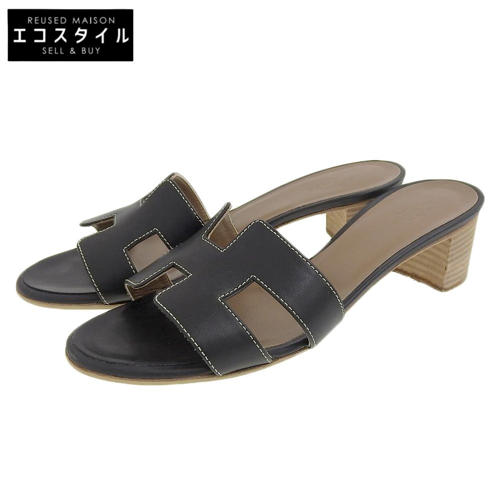HERMES Oasis Sandals Women's Black Size 35 1/2 shoes black leatherUsed