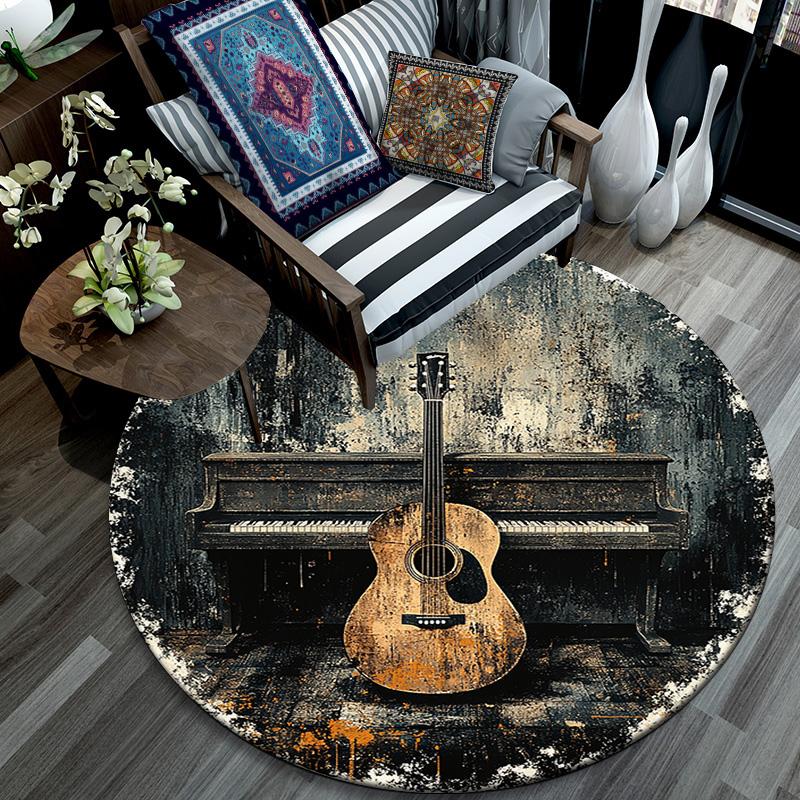 Guitar and Piano Round Area Rug,Carpet Rug for Living Room Bedroom Sofa Playroom Decor,Non-slip Floor Mat