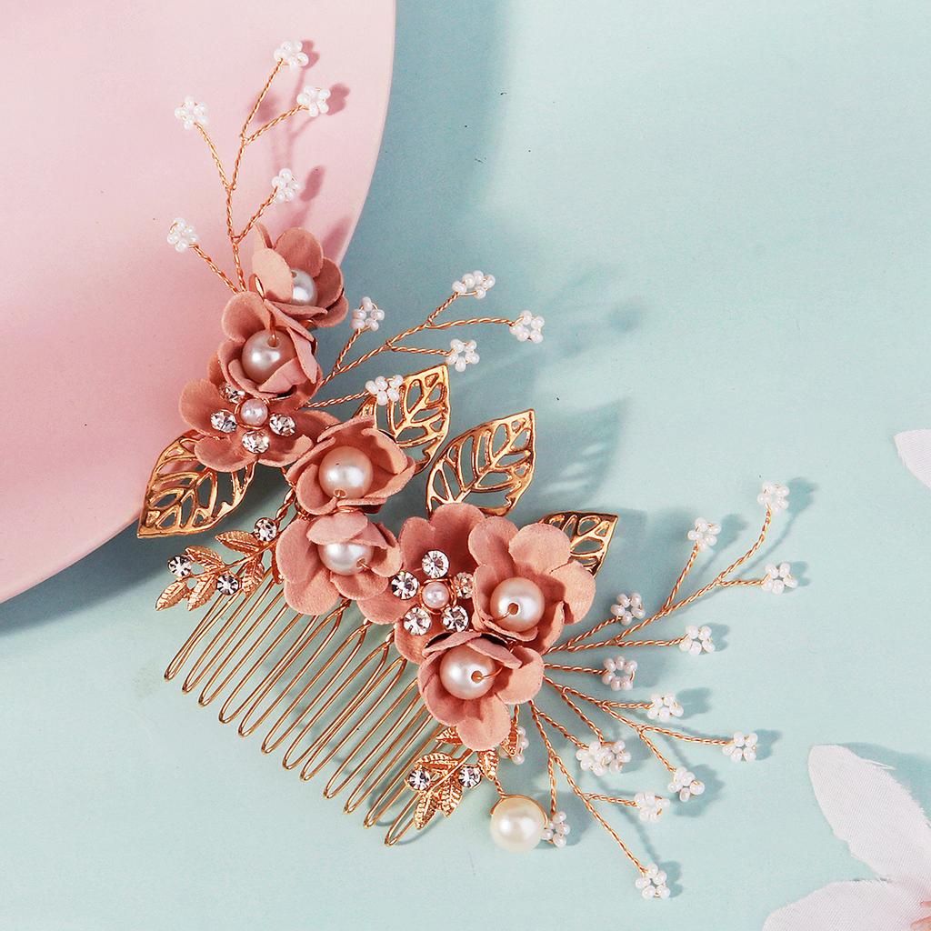 Handmade Forest Bridal Hair Comb With Gold Leaves And Pink Flowers Elegant Wedding Updo Hair Accessories For Brides