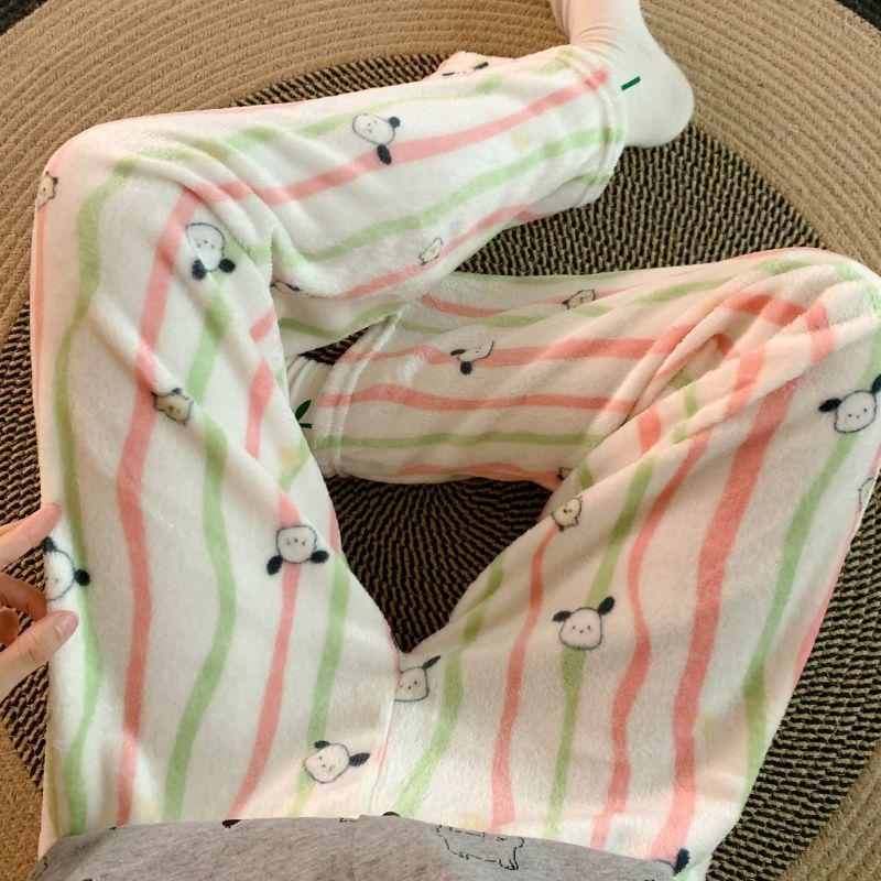 Korean Style Women's Fleece Pajama Pants - Flannel Cartoon Design for Autumn and Winter