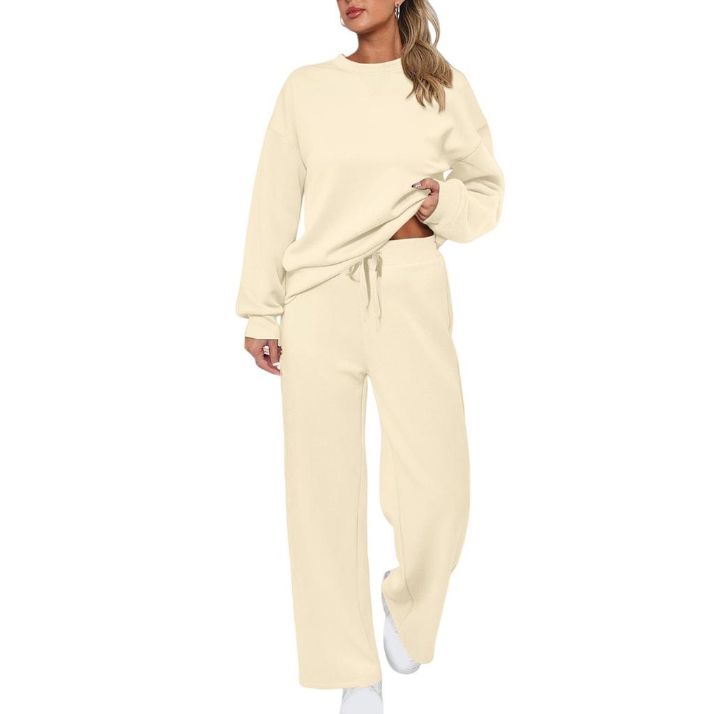 European-Americana Knit Women's Two-Piece: Long-Sleeve Top & Wide-Leg Pocketed Sweatpants