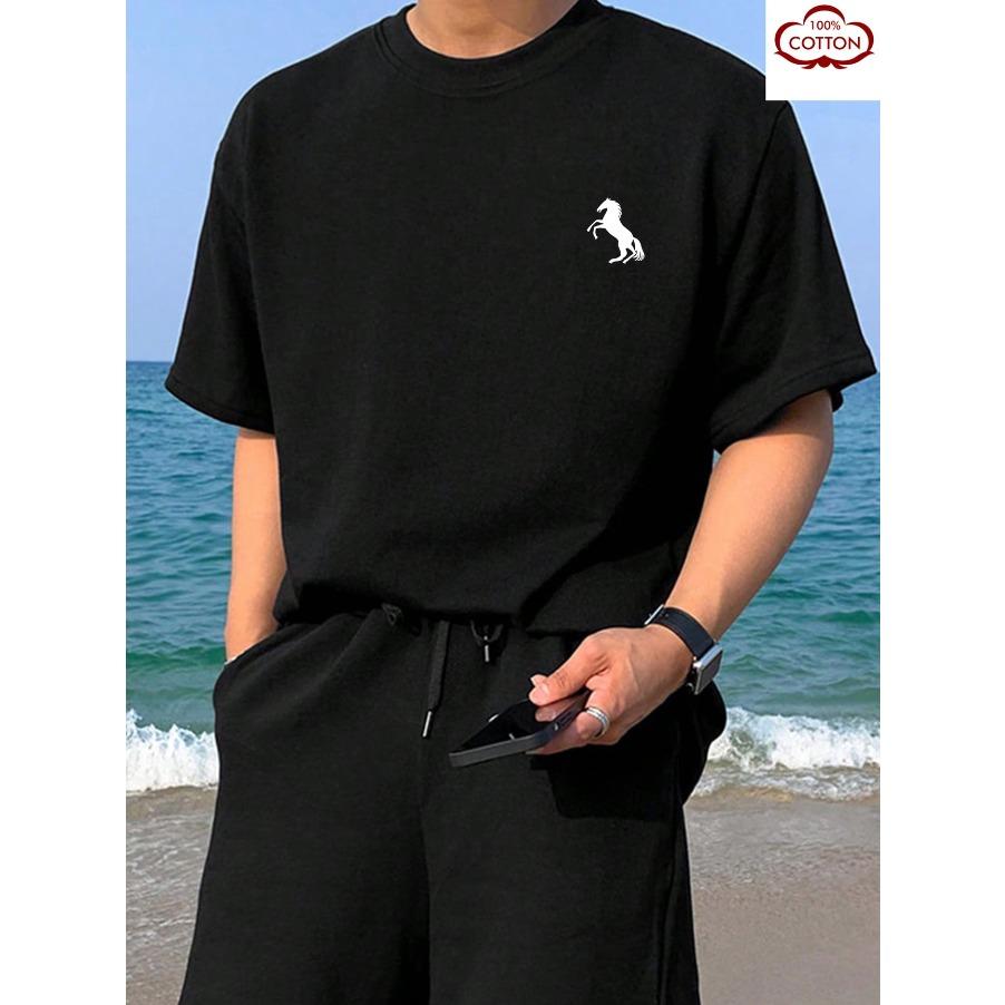 T-shirt Top Short Sleeved 100% Cotton "horse" Print, Summer All Season Men's Comfortable High-quality Casual Sports Luxury