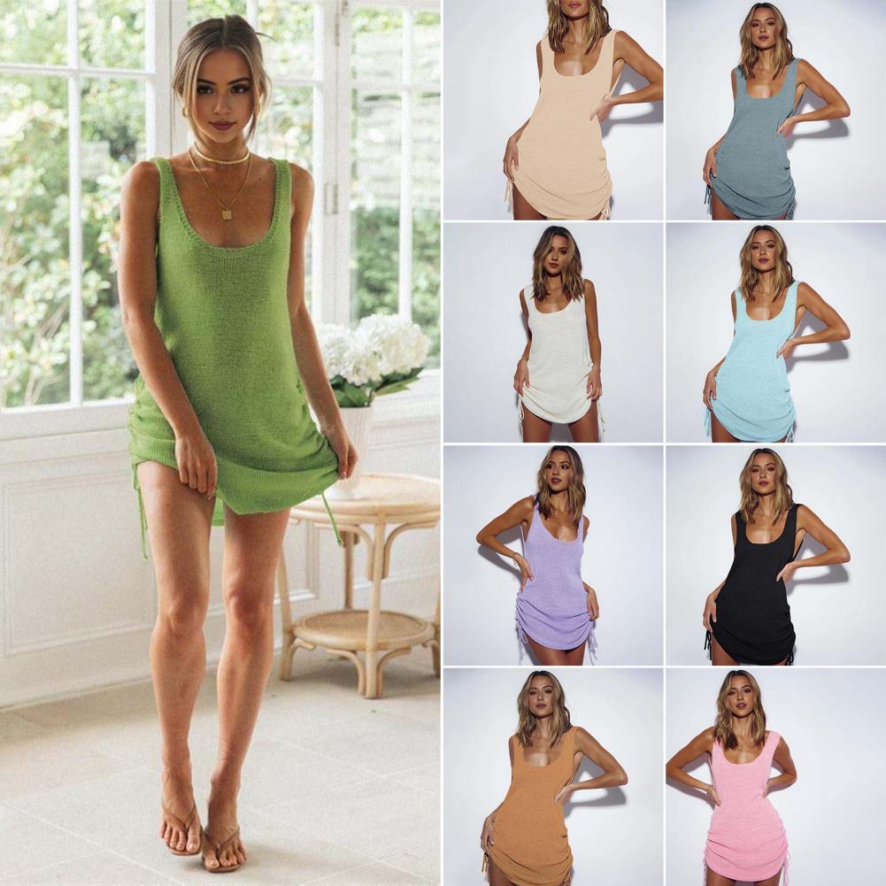 U-neck Beach Cover Up Stylish U-neck Beach Dress with Low-cut Back Hollow Design Knitted Fabric Swimwear Cover-up Solid Color