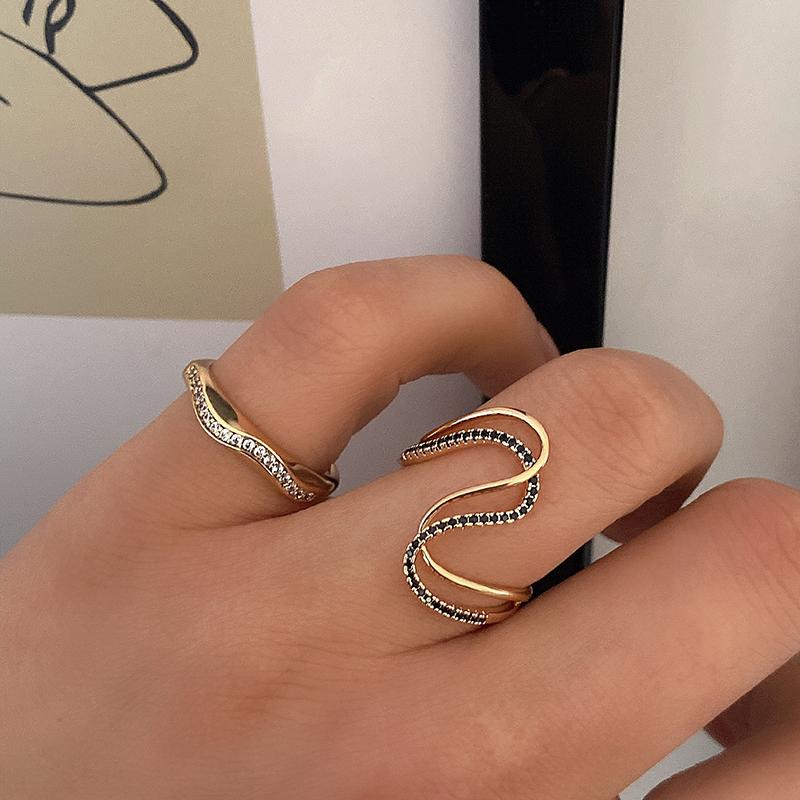 Rose Gold Earring Ring Sets For Women Micro Paved Black Natural Zircon Twist Finger Ring Bride Wedding Jewelry Set