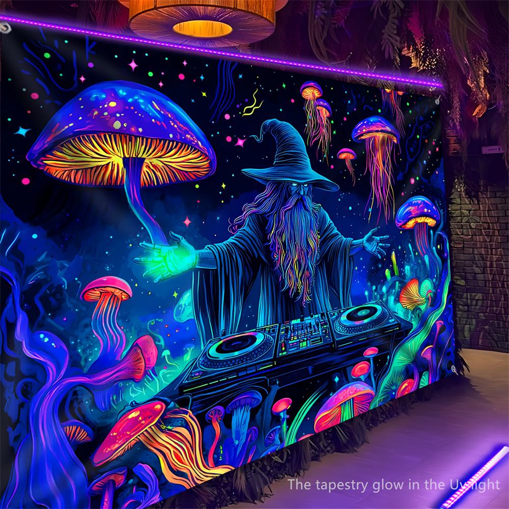 Jmg Household Supplies Unisex Black/Light Wizard Dj Jellyfish Mushroom Fluorescent Tapestry Halloween Uv Room Decoration Wall Hanging Party Decor Backdrops