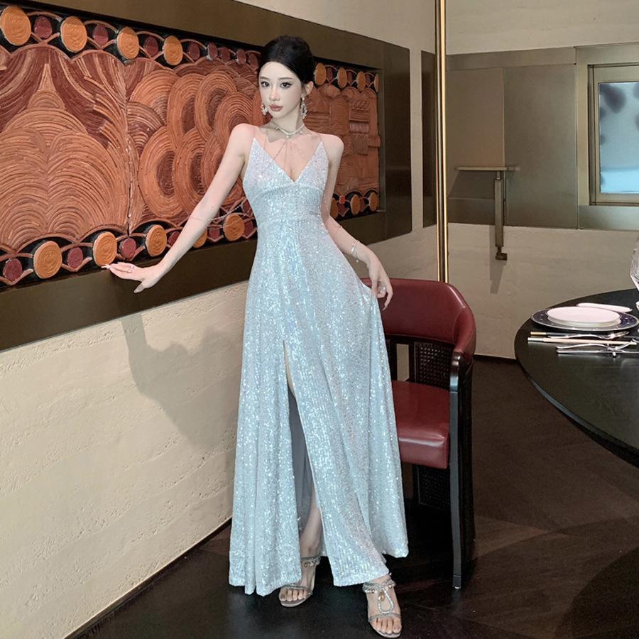 Sexy Collar Suspender Dress Women's Summer Waist Temperament Sequined Skirt High-end Evening Dress Mopping Dress
