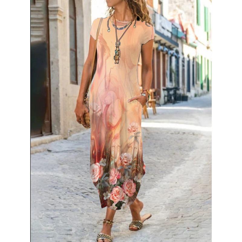 BITCED Vestidos Casuais de Manga Curta com Gola Redonda para Verão e Primavera