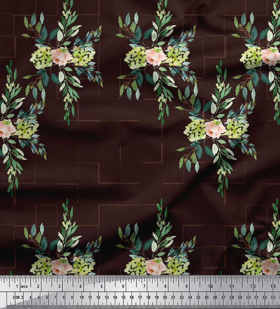 Soimoi Brown Poly Crepe Fabric Square & Leaves Printed Craft Fabric by the Metre 42 Inch