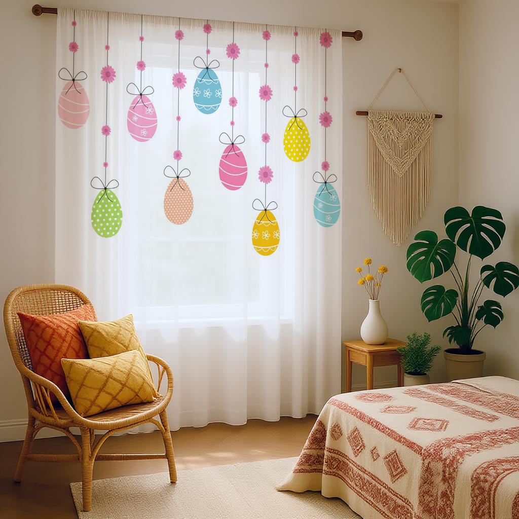 1PC Easter Egg Sheer Curtain - Hanging Colorful Egg Pattern Pole Window Curtain for Spring Home Decor