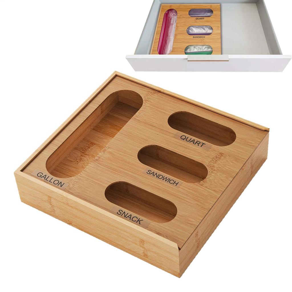 Bamboo Wood Drawer Baggie Organizer With 4 Compartments Fresh-keeping Kitchen Container Storage Bag Organizer Kitchen Drawer