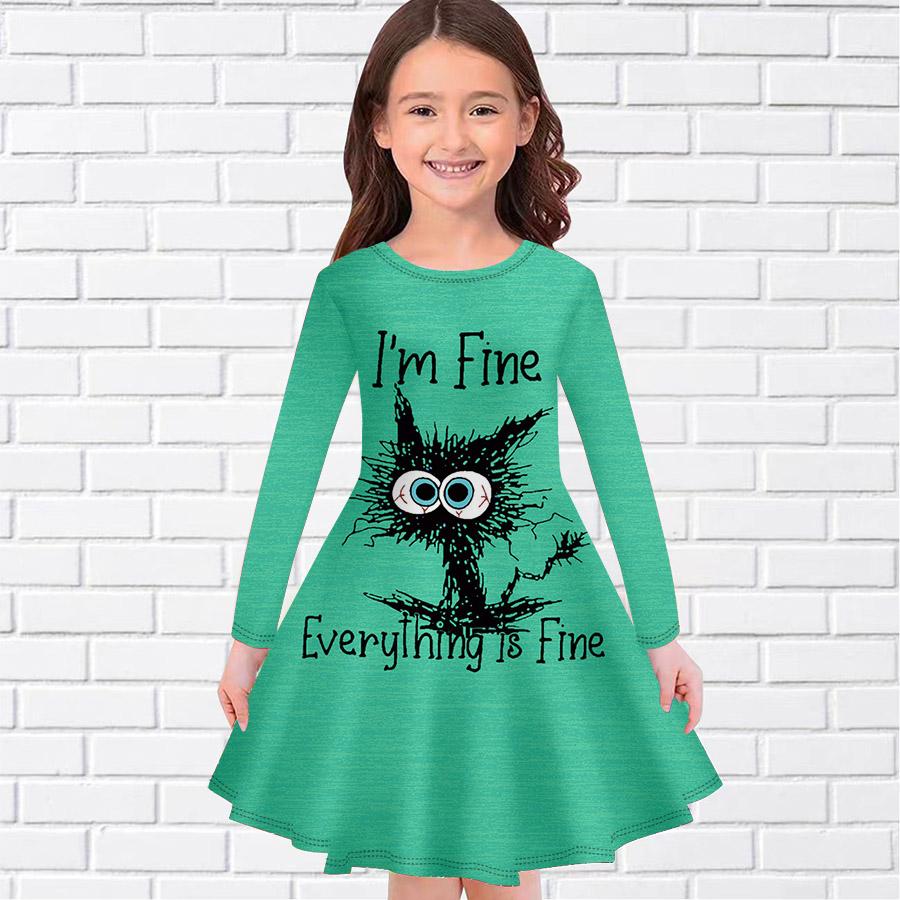 Girl Casual Stupid Cat Print Round Neck Long Sleeve Dress Kid Princess Dress