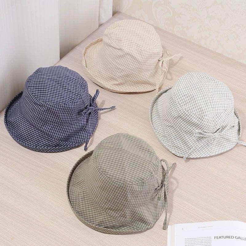 Small fresh plaid bucket hat new curling edge versatile sunscreen hat fashionable big eaves show face small sunshade basin hat