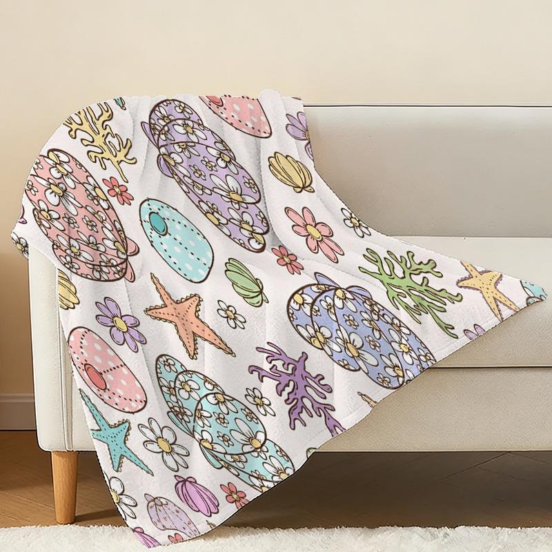 Lightweight Flannel Blanket - Marine Elements Shell Starfish Print, Soft Warm Cozy, Ideal Home Decor, Travel & Car Throw for Christmas Halloween