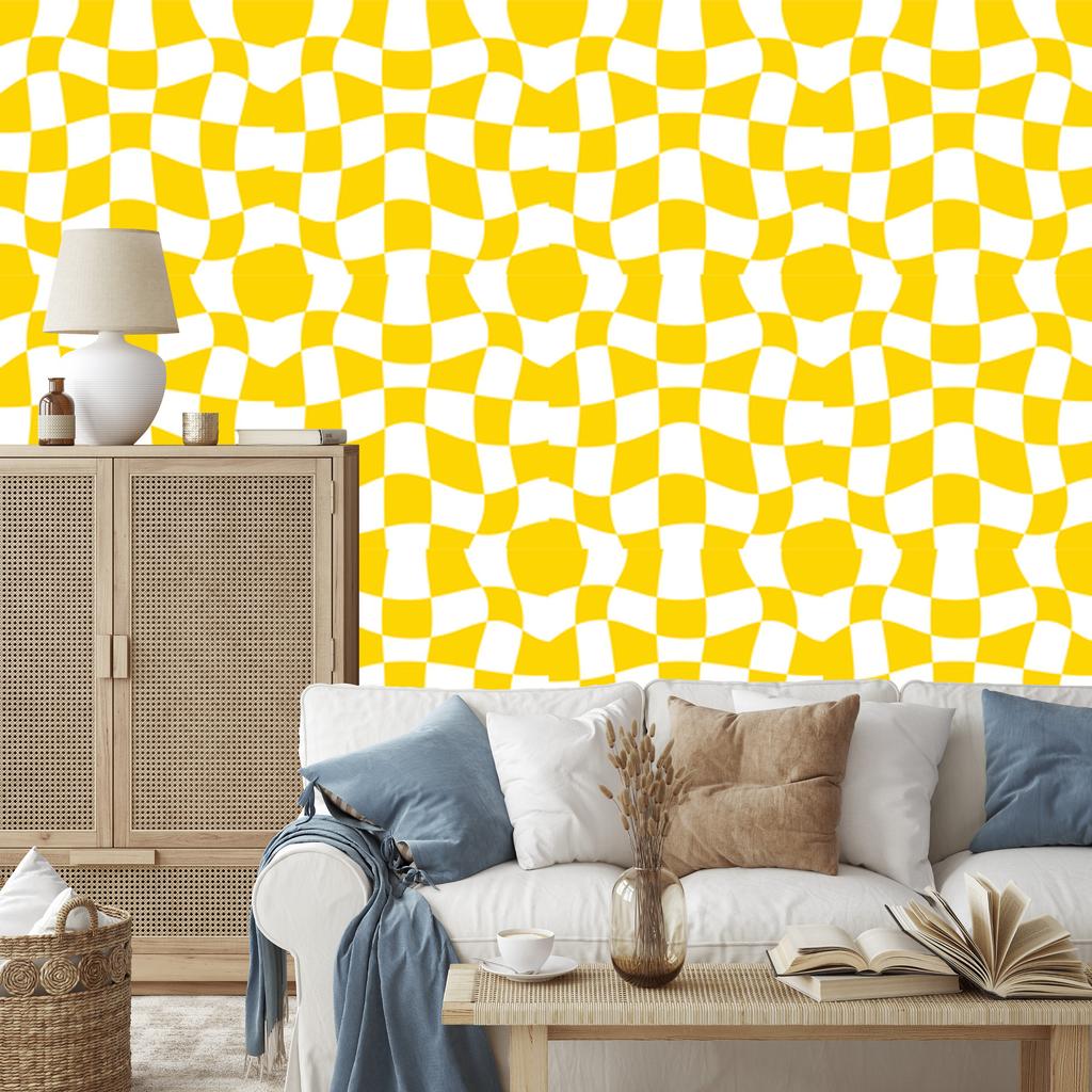 Wallpaper Casual Checkerboard Yellow and White for Living Room and Bedroom 50x1000