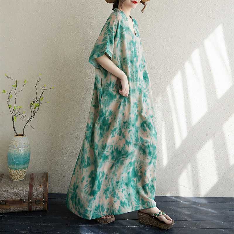 Women's Thin Cotton and Linen Loose Beach Skirt Retro Long Robe