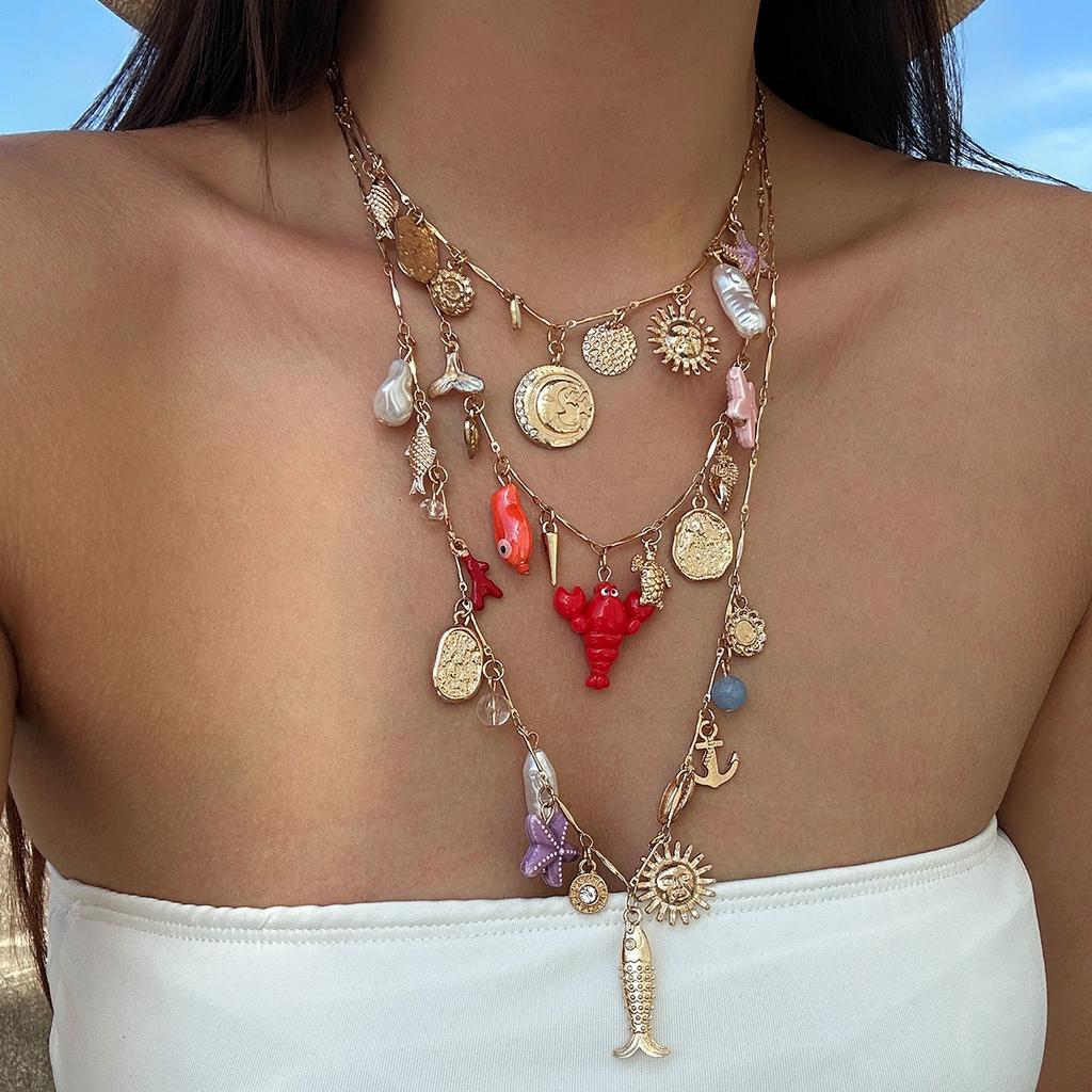 PuRui Bohemia 3Pcs/Set Gold Color Adjustable Imitation Zircon Necklace Summer Ocean Beach Various Types Pendants Necklace Zircon