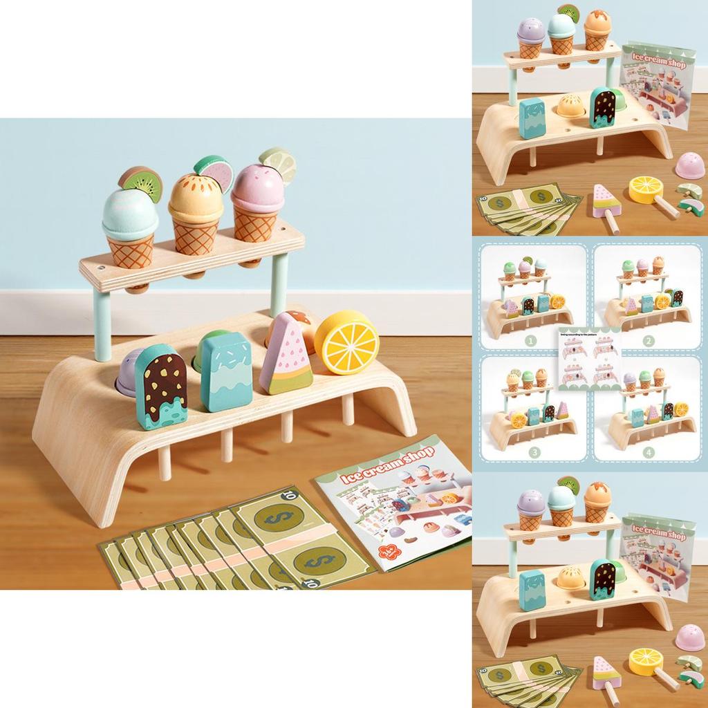 Wooden Simulation Ice Cream Shelf Children Puzzle Interactive Toy For Imaginative Role Play