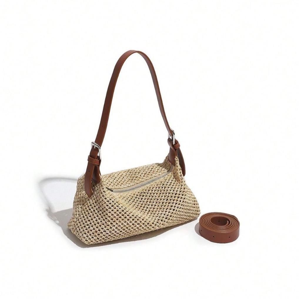Summer retro shoulder bag underarm straw bag women's crossbody bag versatile casual woven bag vacation beach bag