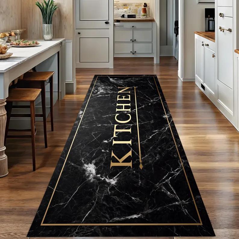 Black Marble Kitchen Runner Rug Gold Monogram Lettering Luxury Chic Pattern Contemporary Decor Carpet 40x120cm