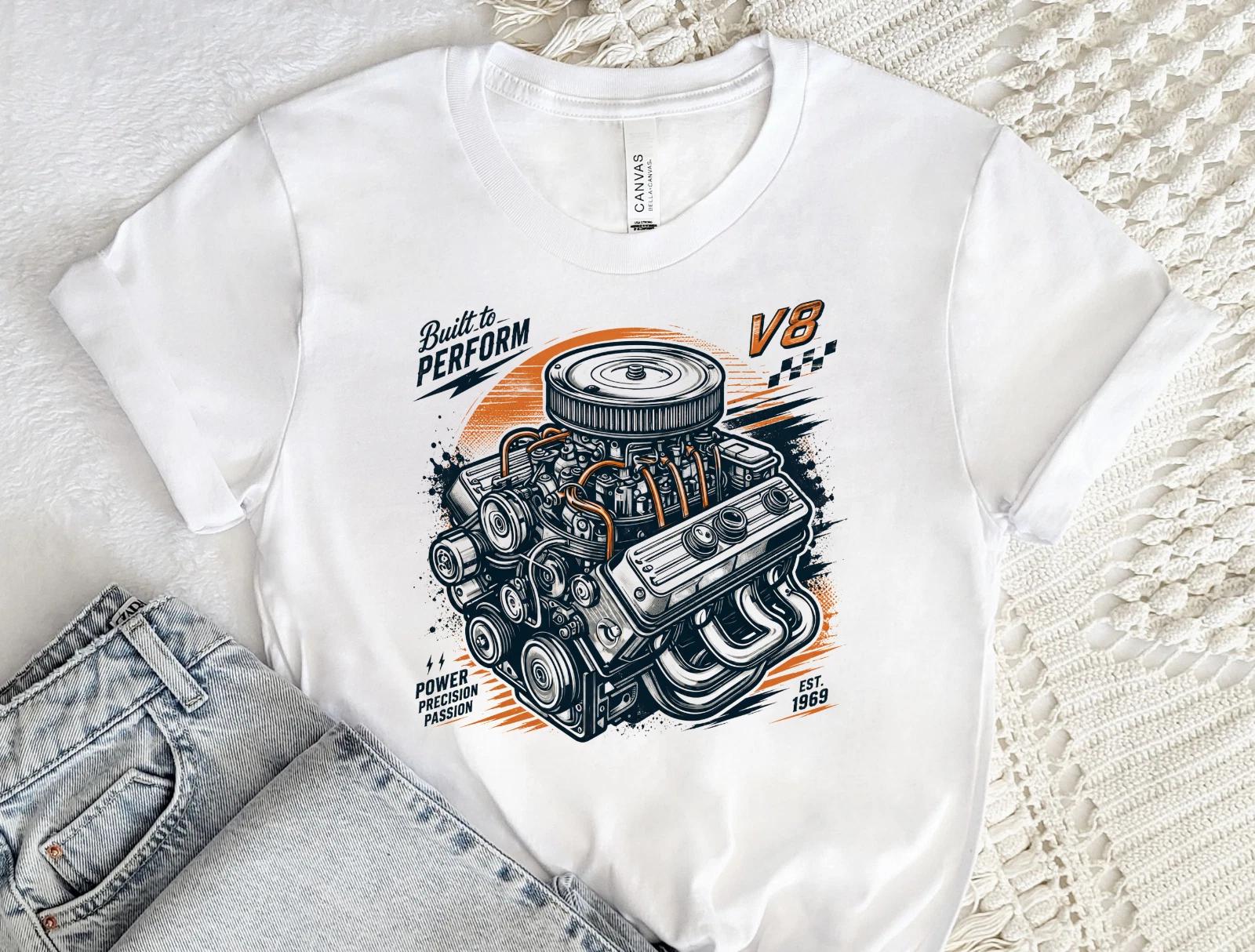 V8 Engine T-Shirt Muscle Car Graphic Tee Retro Hot Rod Mechanic Shirt 3XL